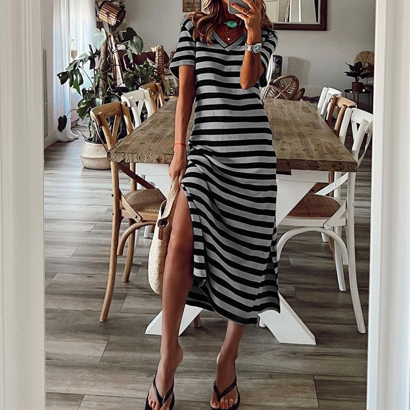 Damen lässiges Sommermaxikleid mit Streifen und Seitenschlitz WW