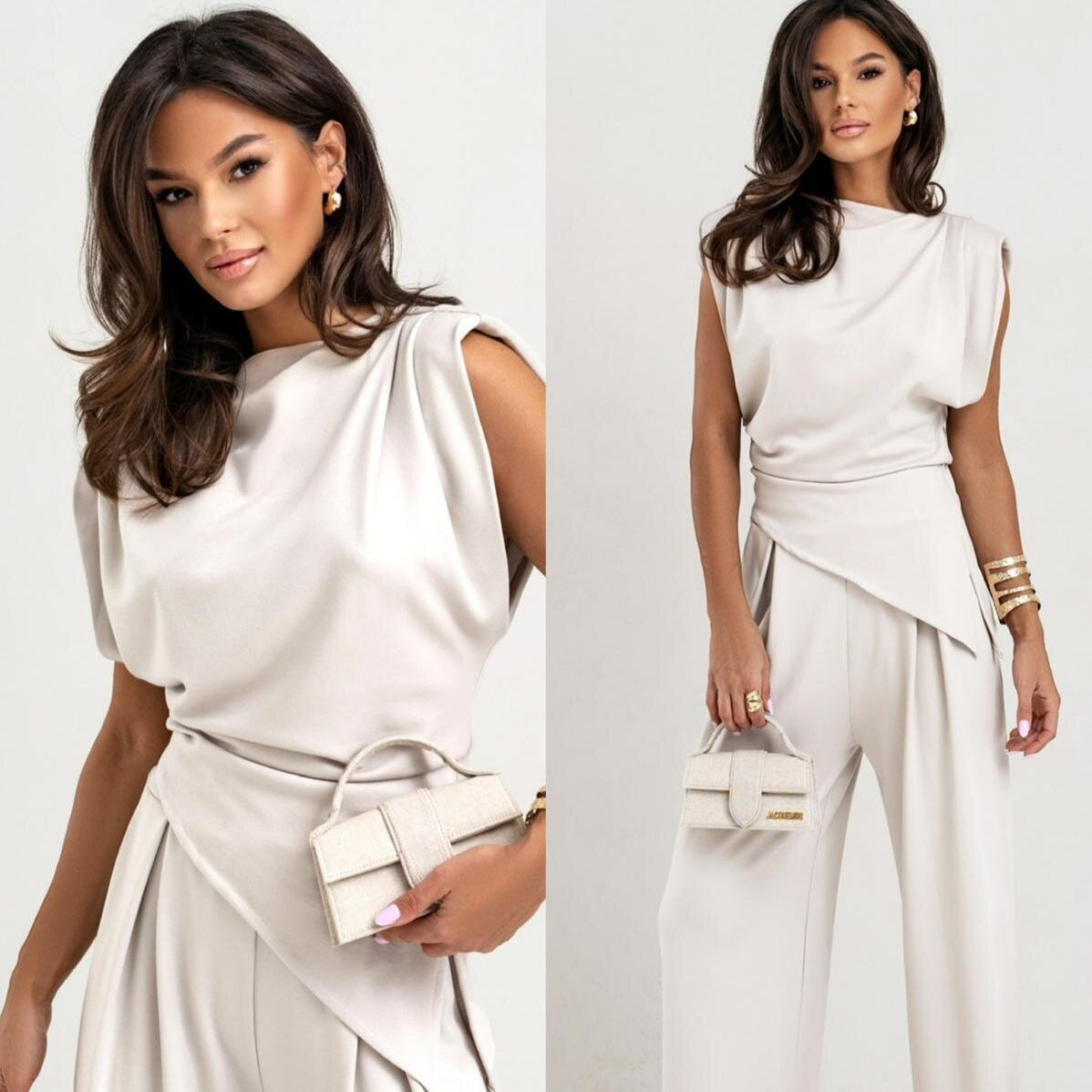 Damen eleganter Jumpsuit mit Drapé-Details und weitem Bein WW