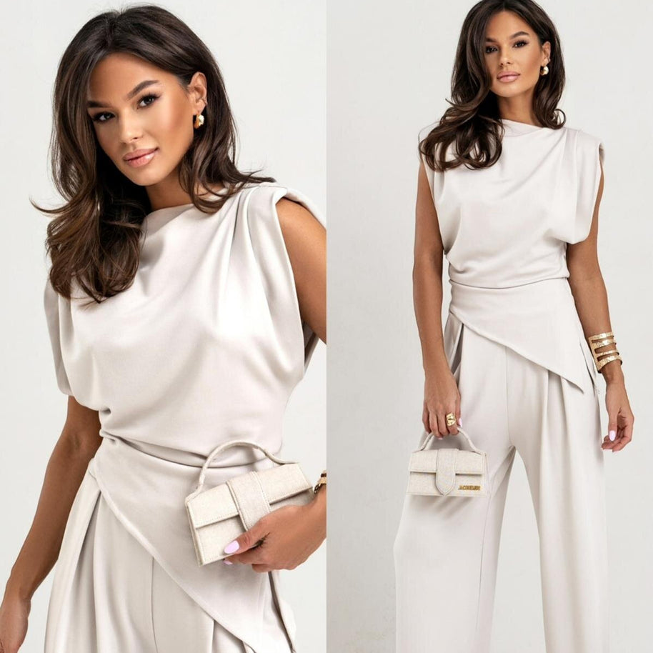 Damen eleganter Jumpsuit mit Drapé-Details und weitem Bein WW