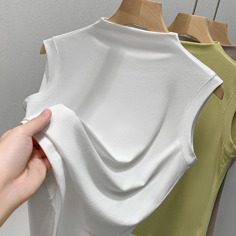 Damen ärmelloses Oberteil mit elegantem hohen Kragen und fließendem Material WW