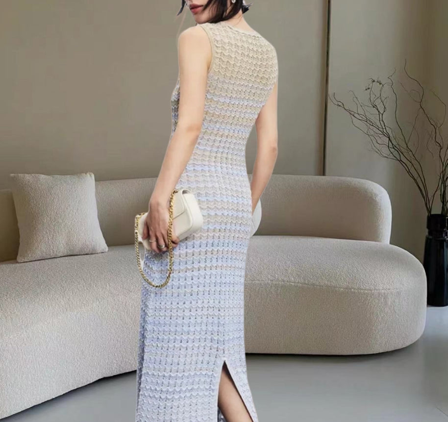 Damen Strick-Maxikleid mit seitlichem Schlitz und elegantem Muster WW