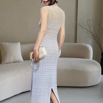 Damen Strick-Maxikleid mit seitlichem Schlitz und elegantem Muster WW