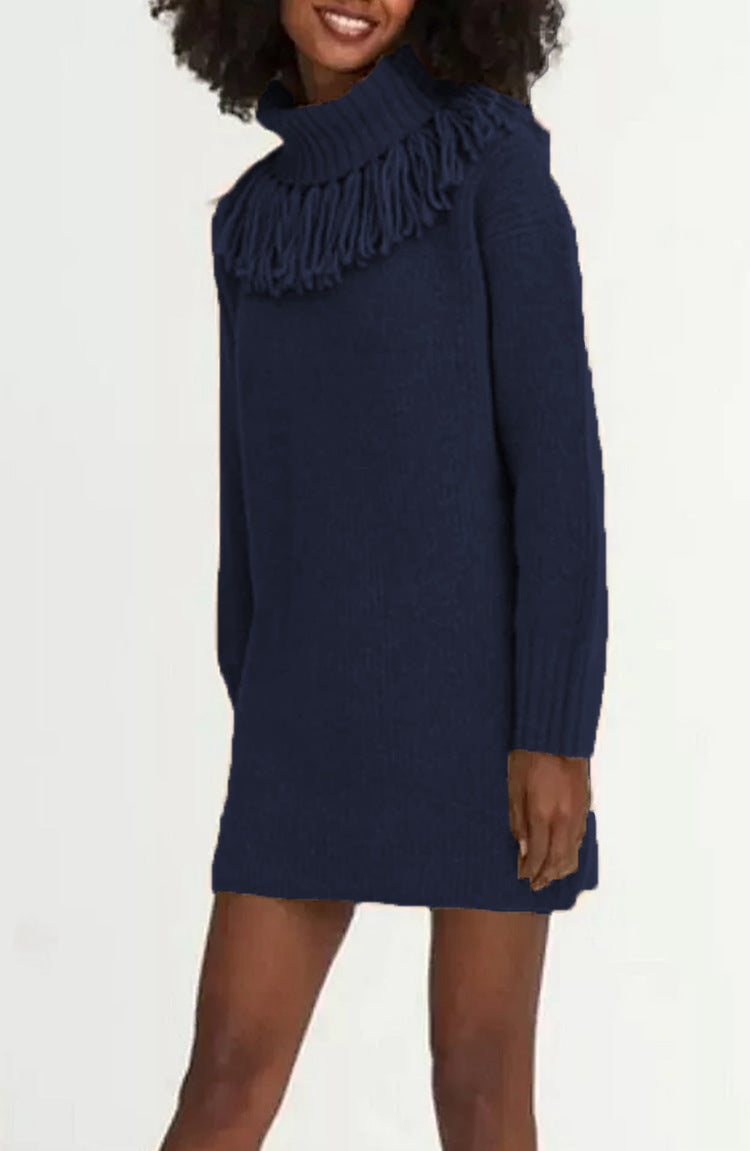 Damen Strickkleid mit Fransenkragen und gerippten Ärmeln WW