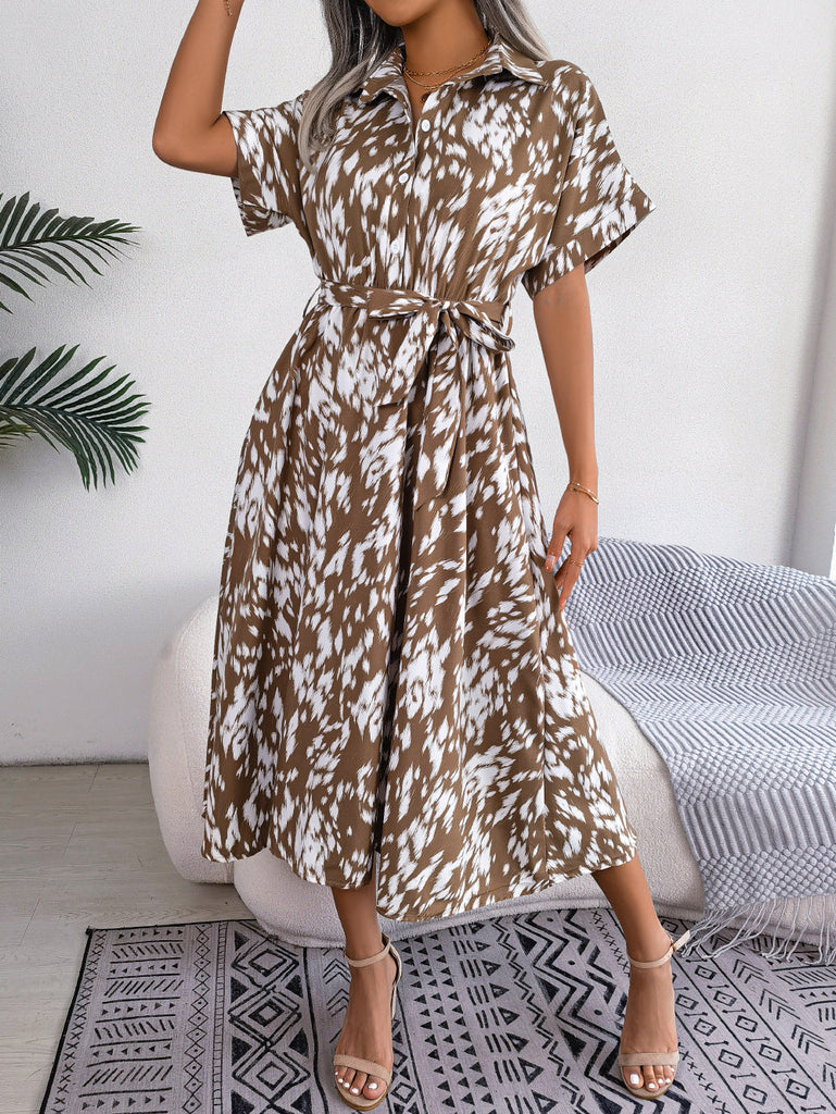 WW | Frühling Loose Leopard Druck Krawatten Hemdblusenkleid