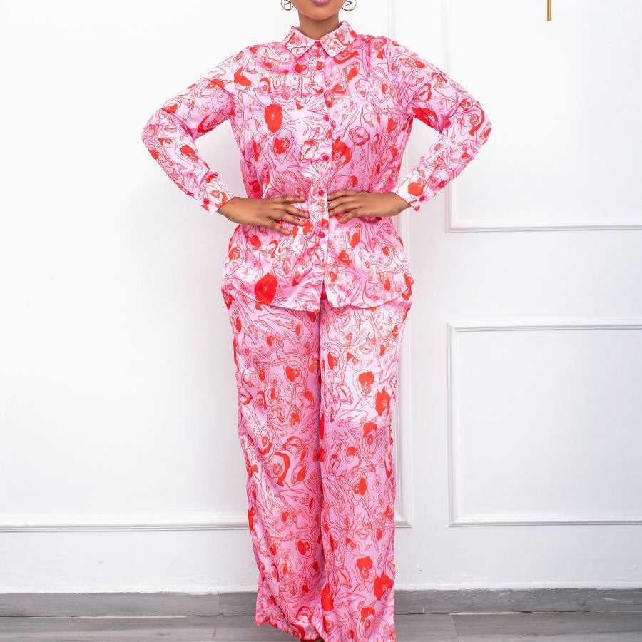 Damen Pyjama Set mit floralem Design und langärmliger Bluse WW