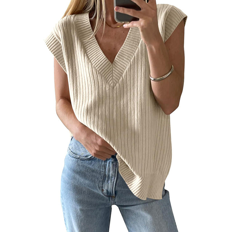 Damen lässiges V-Ausschnitt Oberteil aus Rippstrickmaterial W&W Mode