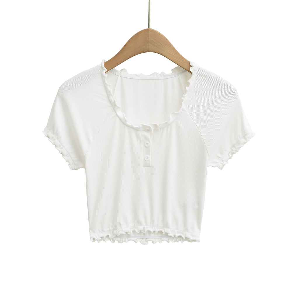 Damen cropped T-Shirt mit Rüschendetails und Knopfleiste WW