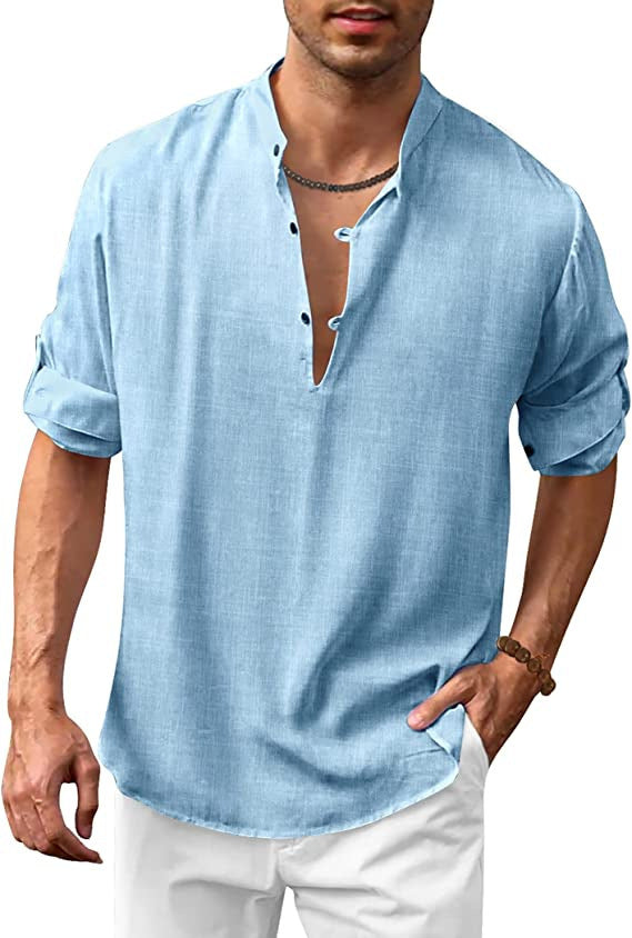 Herren Casual Leinenhemd mit modischem V-Ausschnitt und funktionalen Knopfdetails WW