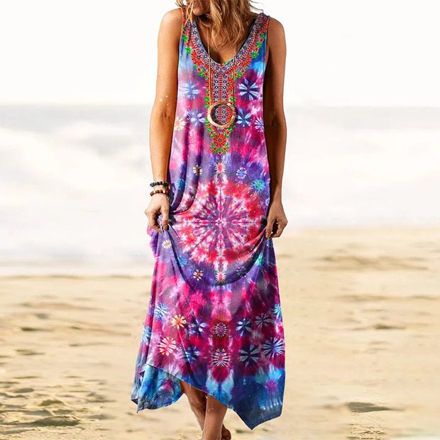 Damen Freizeit-Maxikleid mit buntem Batik-Design und eleganter Stickerei WW