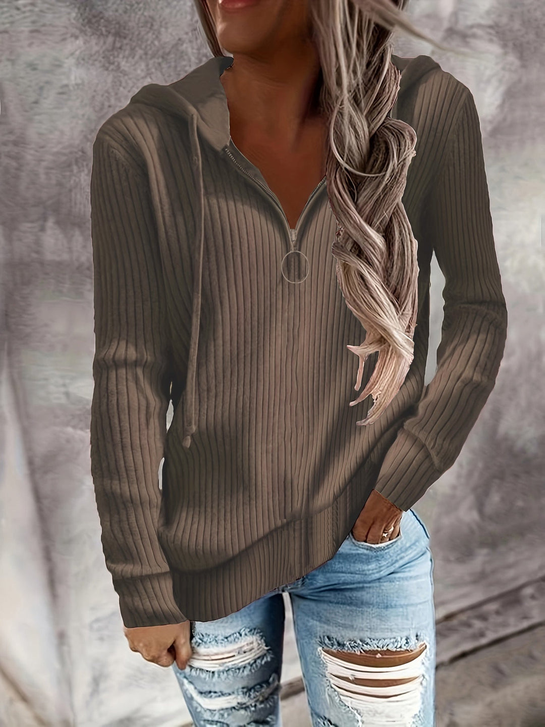 Damen Hoodie mit Reißverschluss und lässigem Rippenstrickdesign W&W Mode
