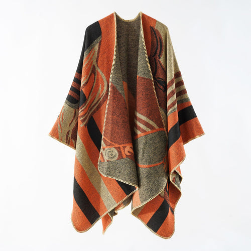 Damen eleganter Strickponcho mit kunstvollem Muster und feinen Fransen WW