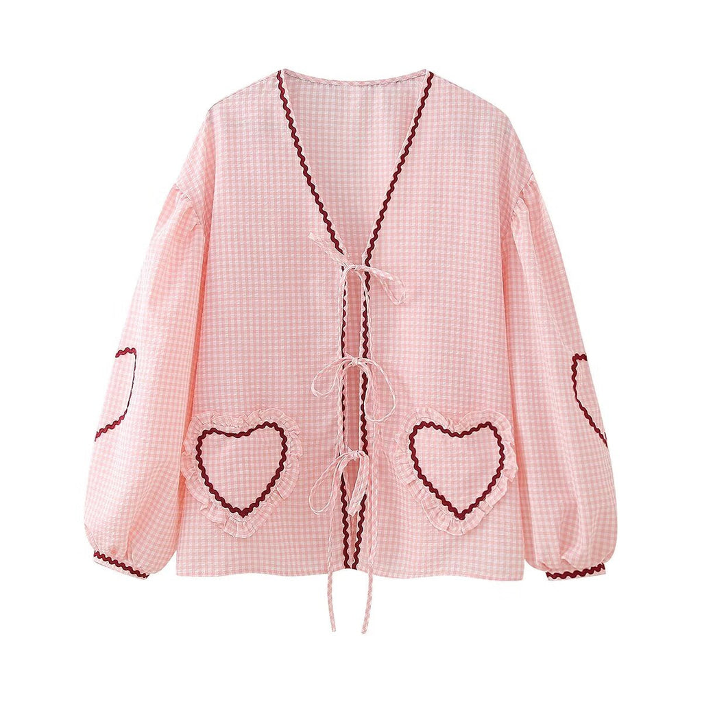 WW | Karierte Herzdrüsen Ribbon Shirt Stylisches Leichtes Top Für Ganzjährige Trageweise