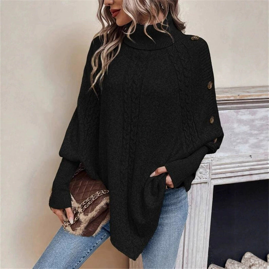 Damen Strickpullover mit modernem Rollkragen und dekorativen Knöpfen WW