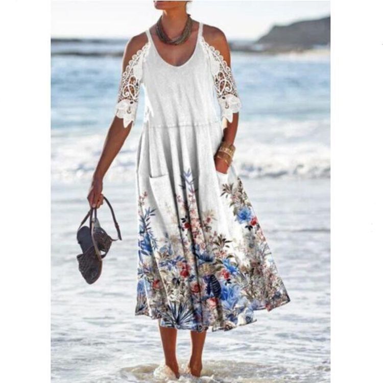 Damen Maxikleid mit eleganten Spitzenärmeln und floralem Muster WW