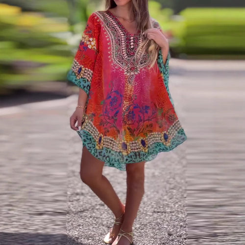 Damen Strandkleid im farbenfrohen Boho-Stil mit verspieltem Design und tiefem V-Ausschnitt WW