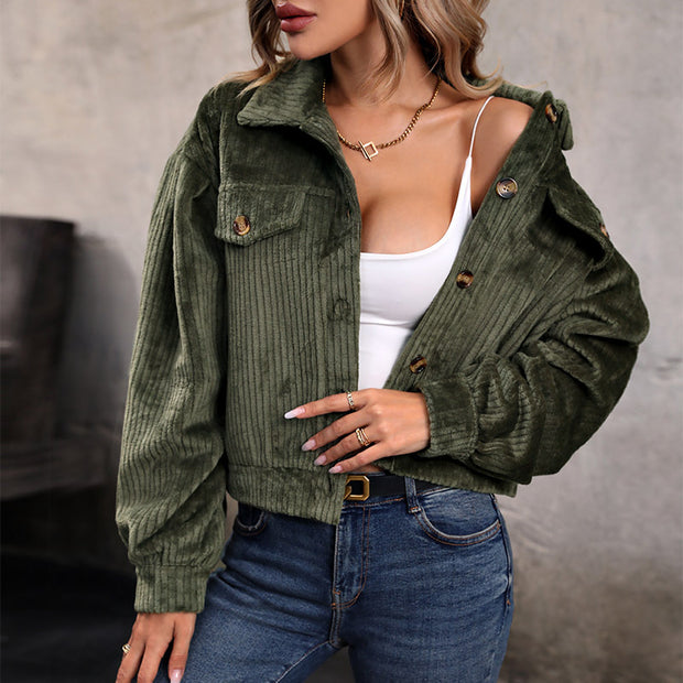 Damen Strickjacke im lässigen Cord-Look mit dekorativen Knöpfen und zwei Brusttaschen WW