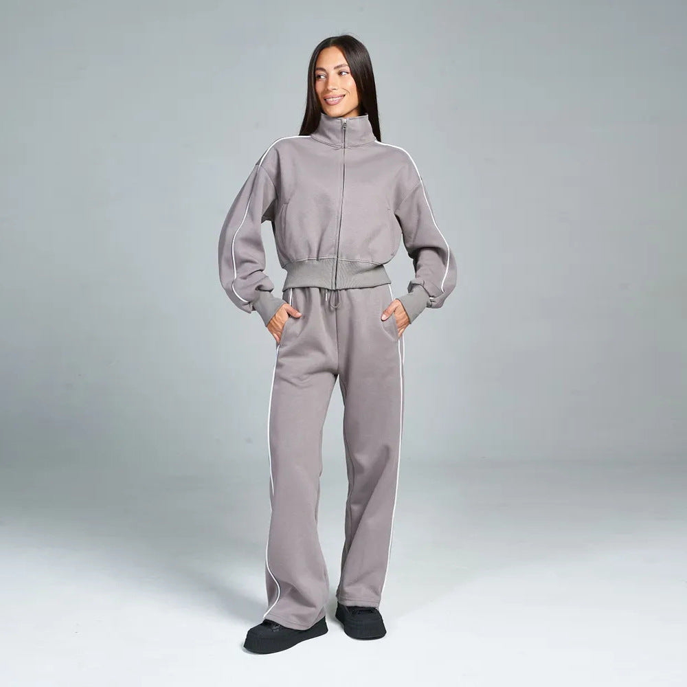 Damen sportliches Freizeit-Set mit hochgeschlossener Jacke und weit geschnittenen Hosen WW