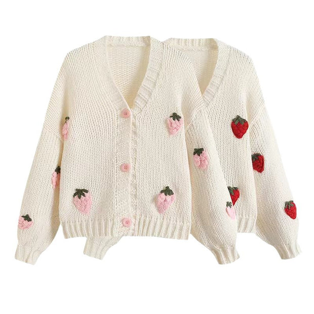Damen Bestickter Erdbeer-Button-Up-Cardigan WW