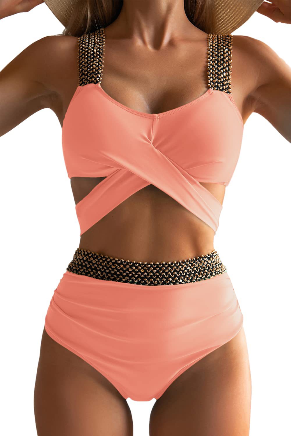 Damen Hochgeschnittener Bikini mit modischem Wickeloberteil und glamourösen Akzenten WW