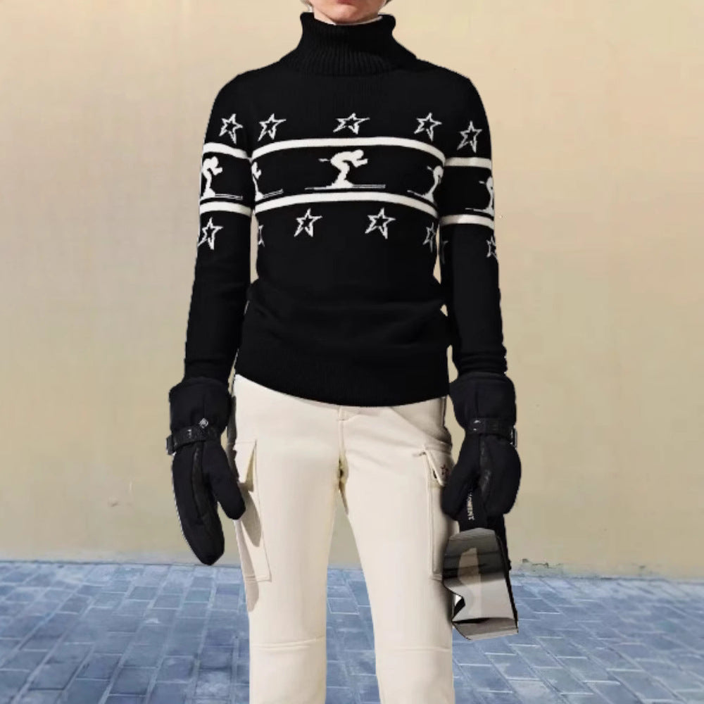 Damen Rollkragenpullover mit Skimotiv und Sternen WW