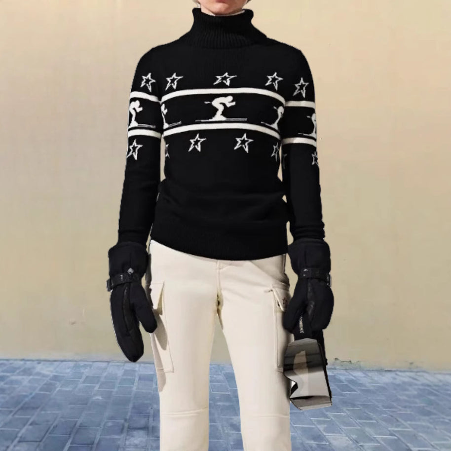 Damen Rollkragenpullover mit Skimotiv und Sternen WW