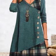 Damen asymmetrisches Freizeitkleid mit kariertem Saum und Knopfdetail WW