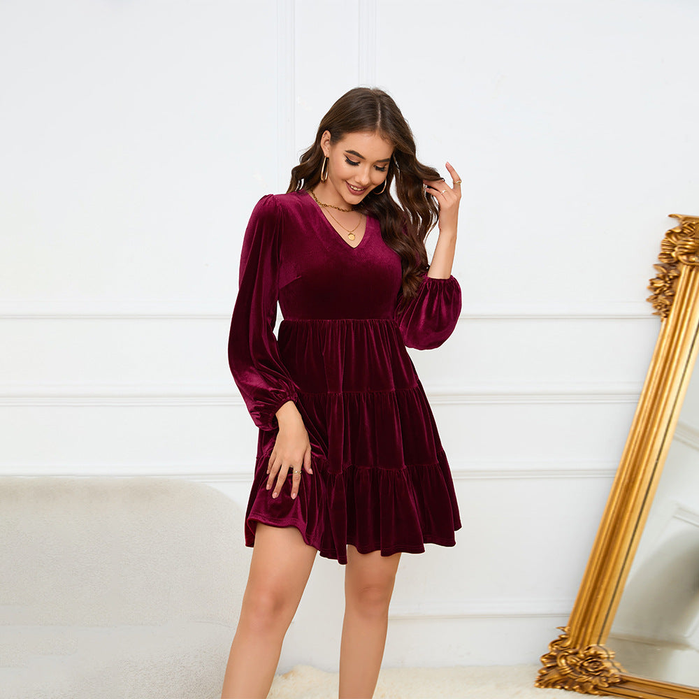 Damen elegantes Samtkleid mit voluminösen Ärmeln und V-Ausschnitt W&W