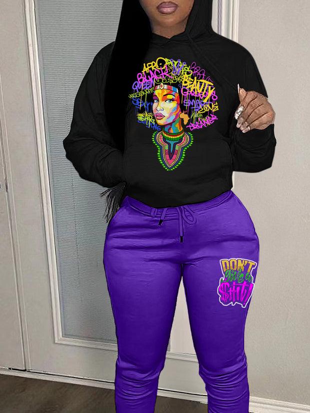 Damen Sportliches Hoodie und Jogginghose Set mit kreativem Grafikdesign WW