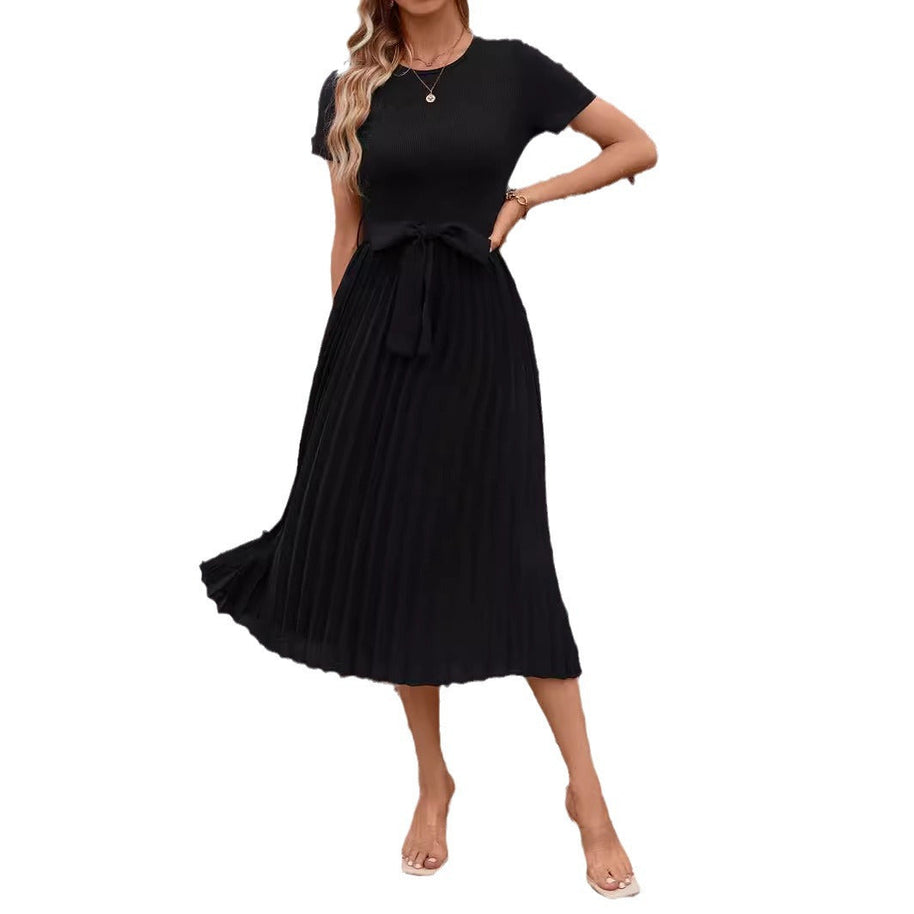 WW | Lässiges Fließendes Kurzarm-Gürtel-Midikleid