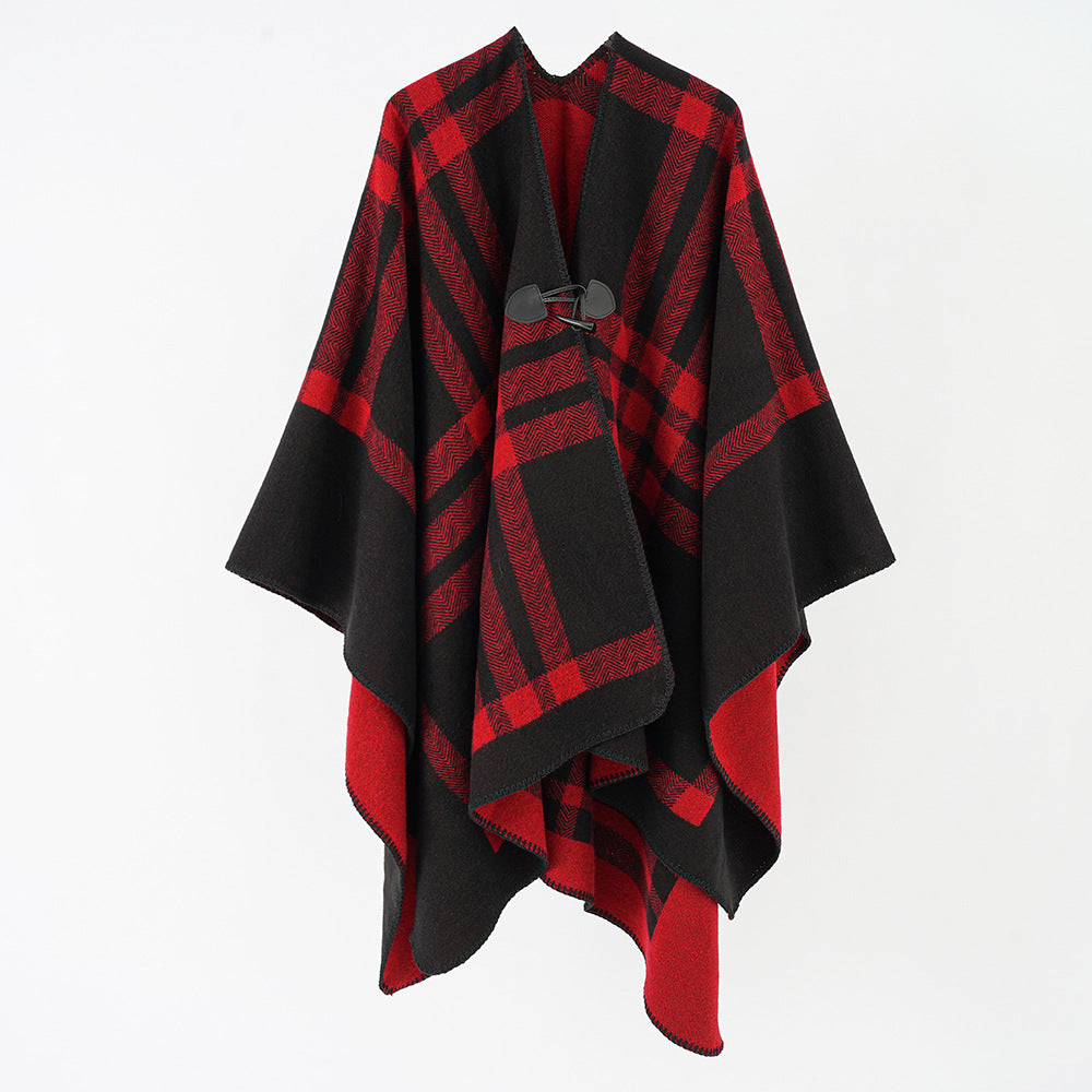 Damen Luxuriöser Geometrischer Poncho aus weichem Material mit dezenter Knopfverzierung WW