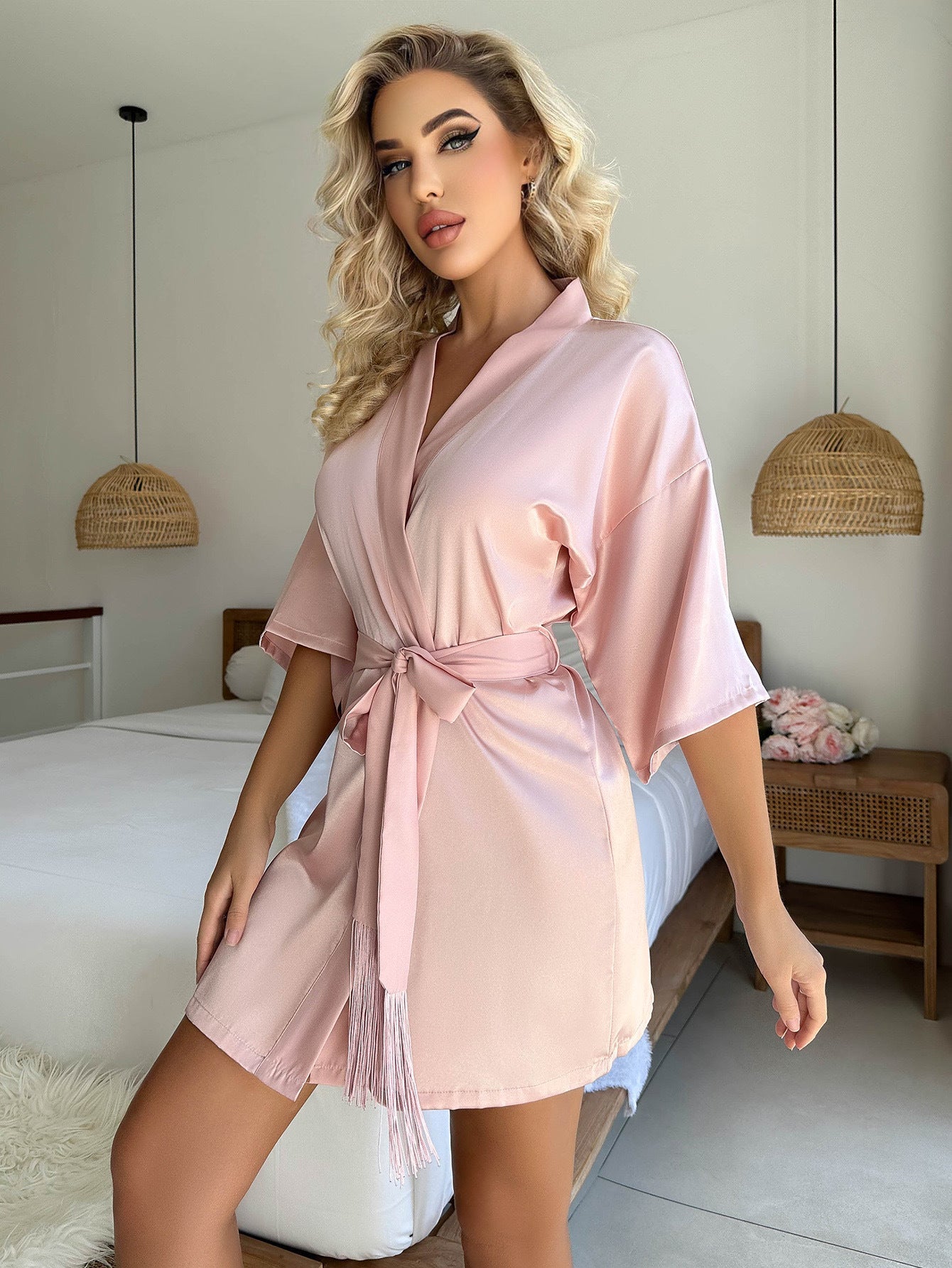 WW Kurzer Cardigan Krawatte Quaste Bademantel Sexy Pyjamas