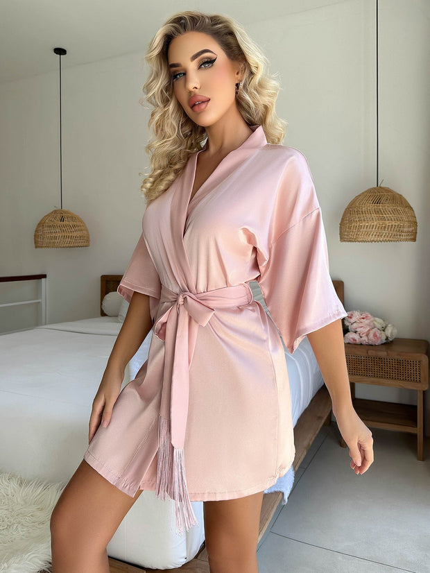 WW Kurzer Cardigan Krawatte Quaste Bademantel Sexy Pyjamas