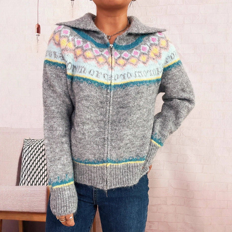 Damen Strickjacke mit buntem Muster und hochwertigem Reißverschluss WW