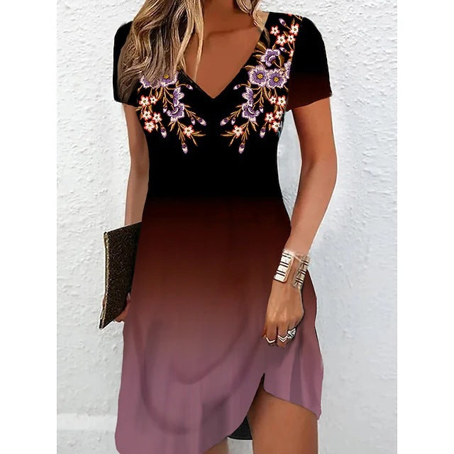 Damen Elegant gestreiftes Sommerkleid mit floralem Druck und V-Ausschnitt WW