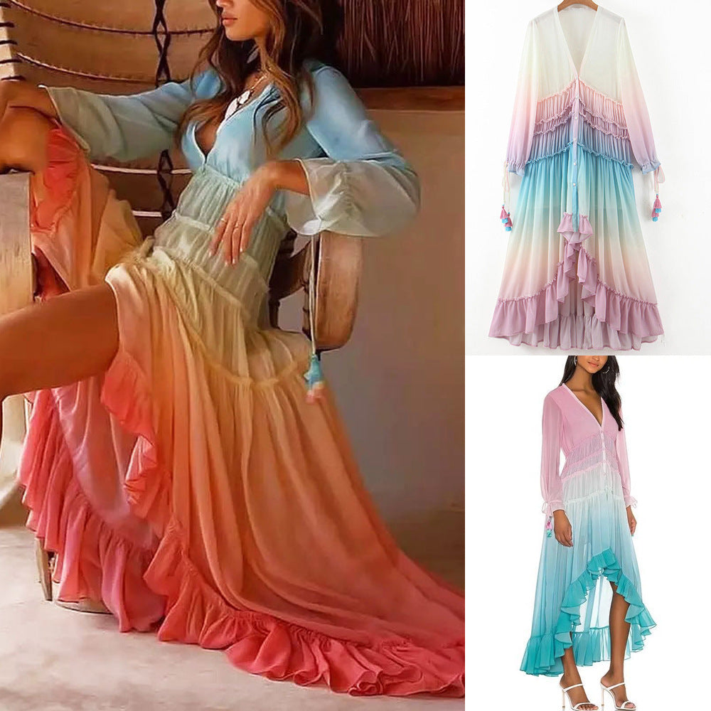 Damen Boho Maxikleid mit voluminösem Rock und Rüschen WW
