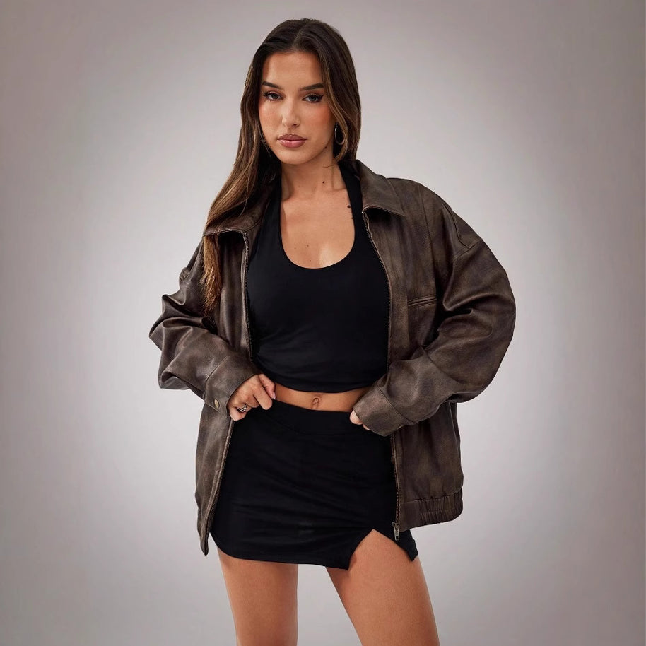 Damen Sportliche Oversized-Lederjacke mit praktischen Taschen und elastischem Saum WW