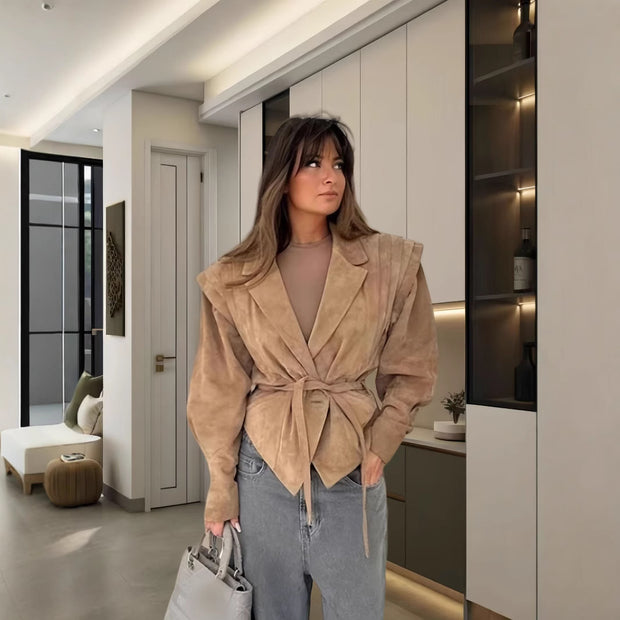 Damen schicke Wollblazerjacke mit Taillengürtel WW