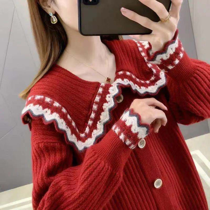 Damen Strickjacke mit dekorativem Kragen und großen Knöpfen WW