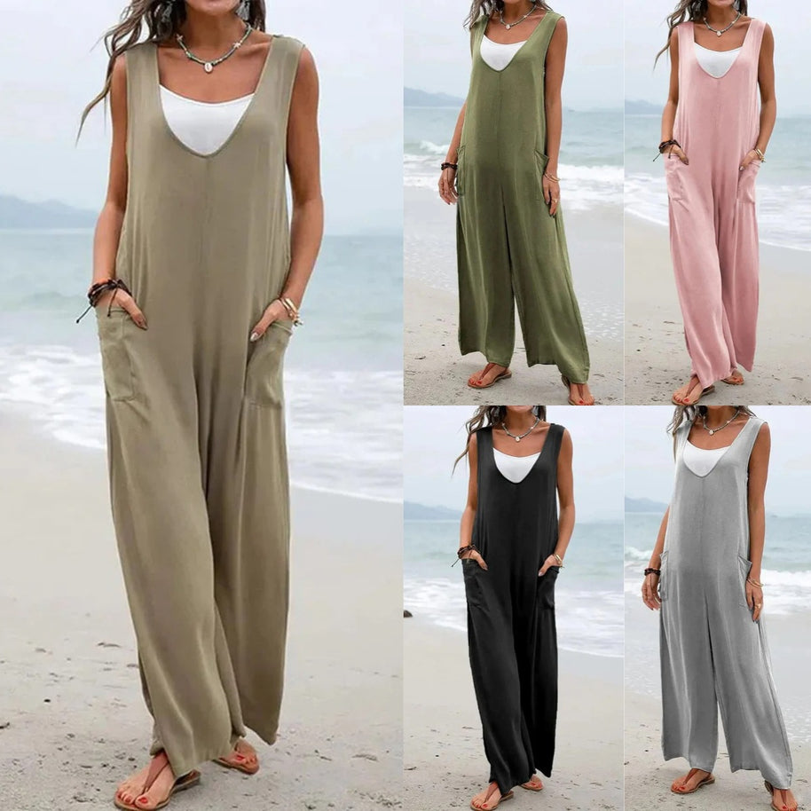 Damen lässiger Jumpsuit mit weit geschnittenem Bein und komfortablen Taschen WW