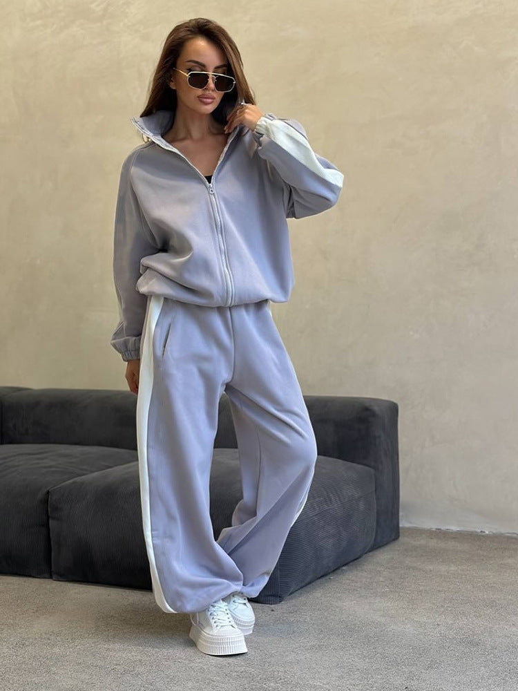 Damen sportlicher Fleece-Jogginganzug mit hohem Kragen und seitlichen Nähten WW