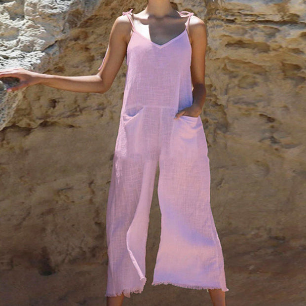 Damen Leinen-Jumpsuit mit stylischem V-Ausschnitt und praktischen Taschen WW