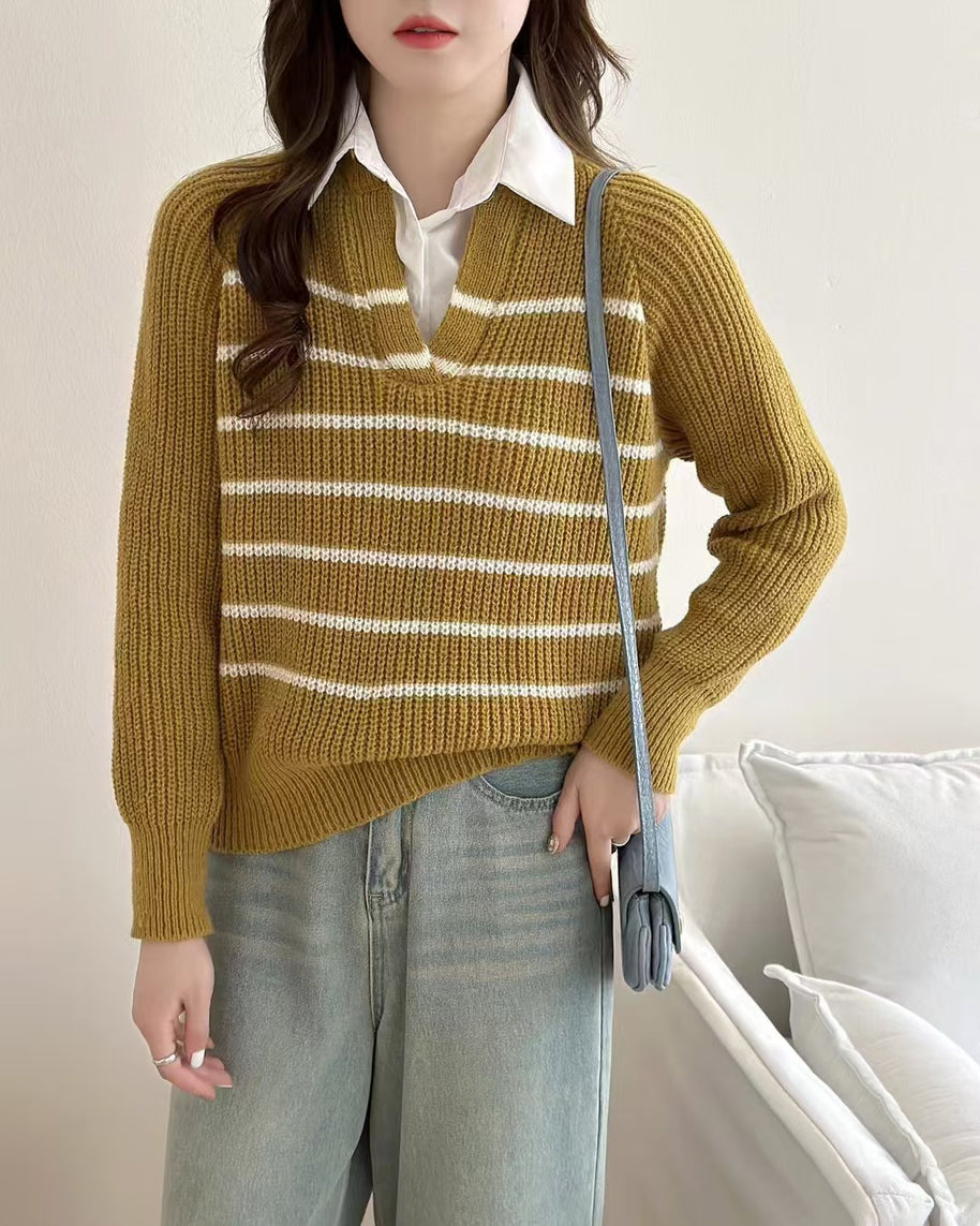 Damen Strickpullover mit V-Ausschnitt und gestreiftem Design WW