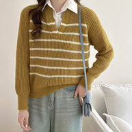 Damen Strickpullover mit V-Ausschnitt und gestreiftem Design WW