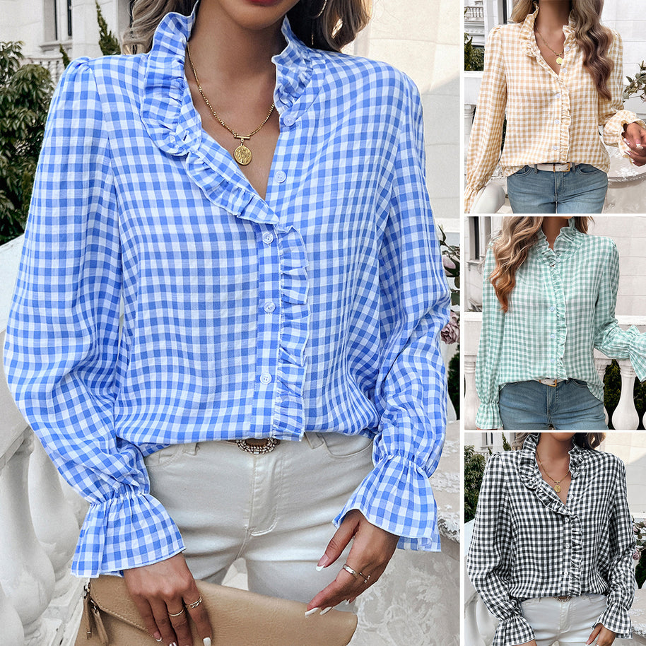 Damen Karierte Bluse mit Rüschendetails und Knopfleiste WW
