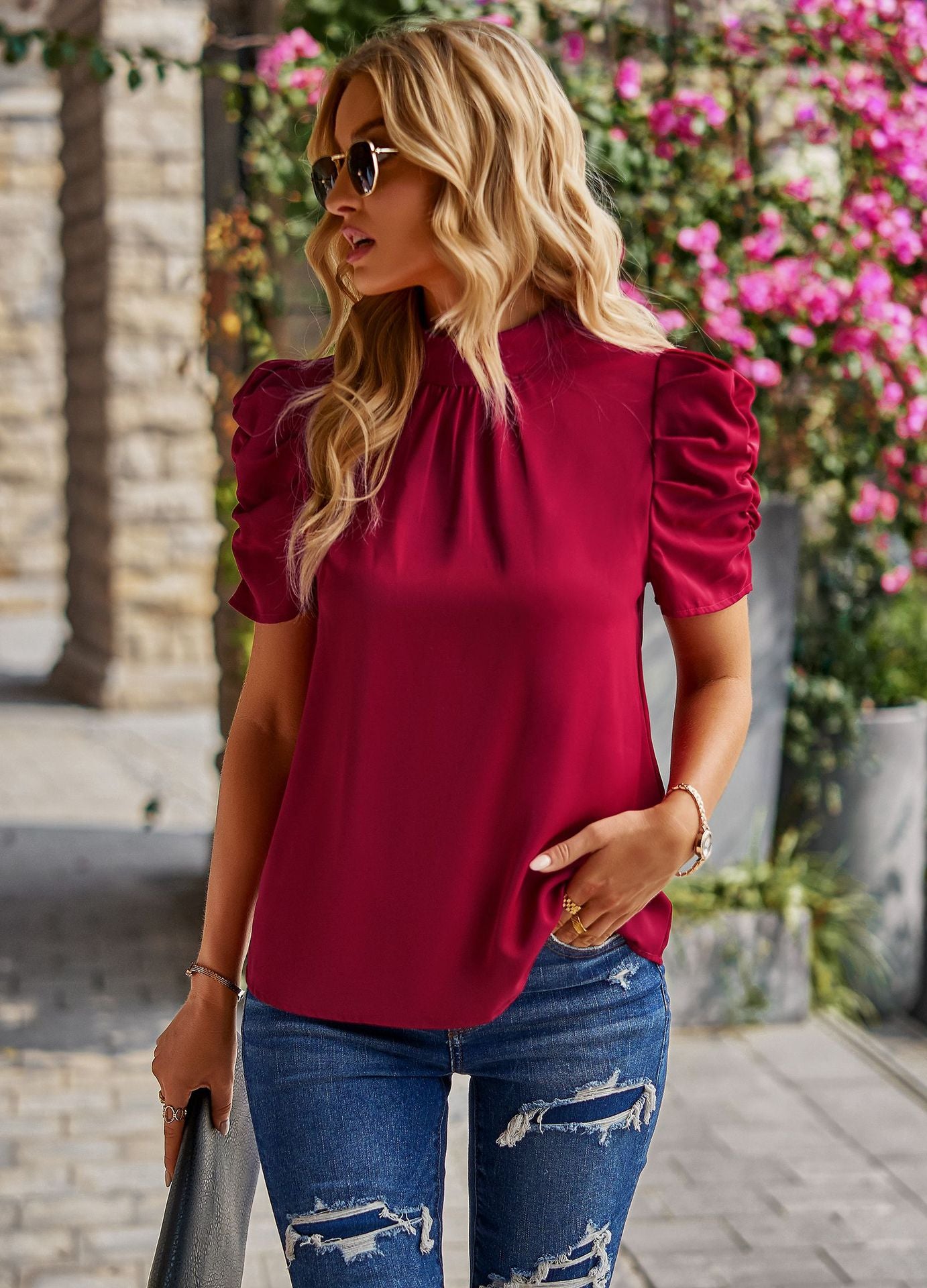 Damen Elegantes Oberteil mit gerafften Puffärmeln WW