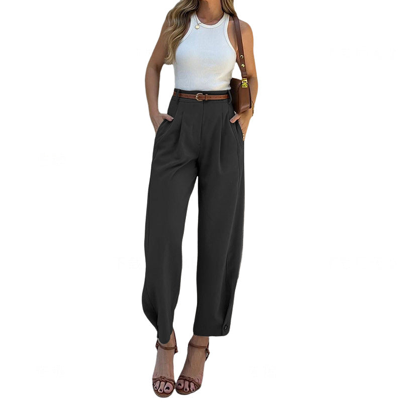 Damen Hochtaillen Hose mit eleganten Falten und praktischen Taschen WW