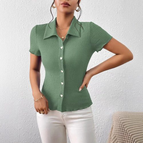 Damen Kurzarmbluse mit strukturiertem Design und herzförmigen Knöpfen WW