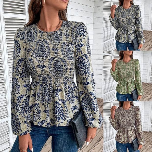 Damen Bluse mit eleganter Rüschennähten und floralem Muster WW