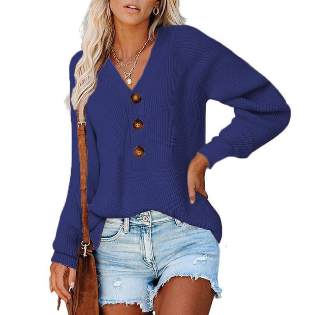 Damen Strickpullover mit V-Ausschnitt und Knopfdetails WW
