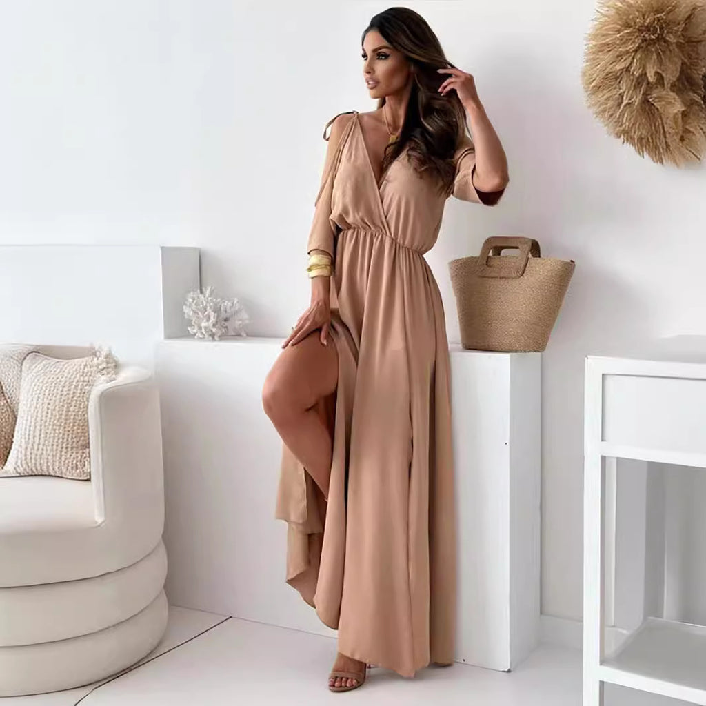 Damen Maxikleid mit tiefem V-Ausschnitt und Bauchtaschen WW